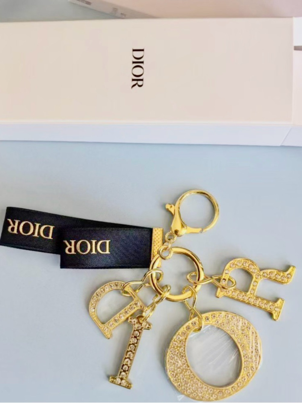 DIOR Gold Rhinestone-Studded Bag  Charm Key Holder with Navy Ribbon GWP NWB - Picture 7 of 11